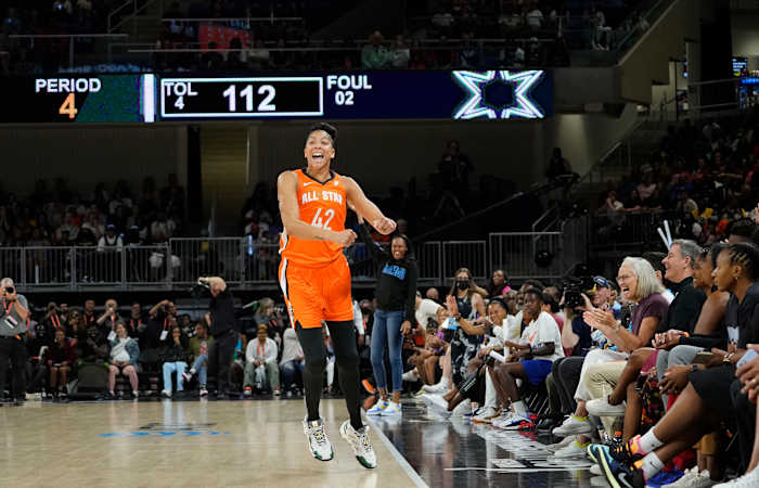 Candace Paker debuts the Adidas Exhibit B at the WNBA All-Star Game. The WNBA legend and Adidas dedicated shoes to Parker's daughter.